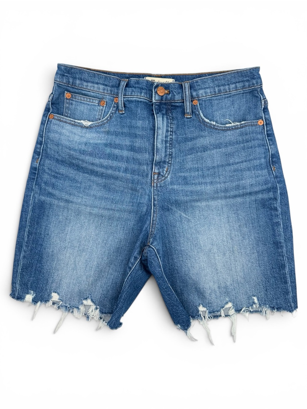 Madewell Women’s High Rise Denim Midi Length Cut Offs Raw Hem Shorts Size 29